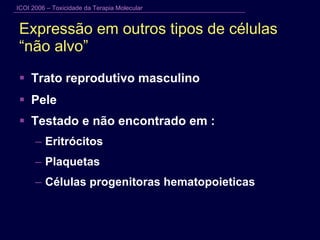 Expressão em outros tipos de células “não alvo” Trato reprodutivo masculino Pele  Testado e não encontrado em :   Eritrócitos Plaquetas Células progenitoras hematopoieticas 