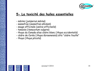 5- La toxicité des huiles essentielles
- sabine (juniperus sabina)
- sassafras (sassafras albidum)
- sauge officinale (salvia officinalis)
- tanaisie (tanacetum vulgare)
- thuya du Canada alias cèdre blanc (thuya occidentalis)
- cèdre de Corée (thuya Koraenensis) dits "cèdre feuille"
- thuya (thuya plicata)

@romat' ©2014

18

 