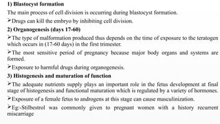 1) Blastocyst formation
The main process of cell division is occurring during blastocyst formation.
Drugs can kill the embryo by inhibiting cell division.
2) Organogenesis (days 17-60)
The type of malformation produced thus depends on the time of exposure to the teratogen
which occurs in (17-60 days) in the first trimester.
The most sensitive period of pregnancy because major body organs and systems are
formed.
Exposure to harmful drugs during organogenesis.
3) Histogenesis and maturation of function
The adequate nutrients supply plays an important role in the fetus development at final
stage of histogenesis and functional maturation which is regulated by a variety of hormones.
Exposure of a female fetus to androgens at this stage can cause masculinization.
Eg:-Stilbestrol was commonly given to pregnant women with a history recurrent
miscarriage
 