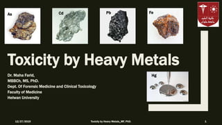 Toxicity by Heavy Metals
Dr. Maha Farid,
MBBCh, MS, PhD.
Dept. Of Forensic Medicine and Clinical Toxicology
Faculty of Medicine
Helwan University
Hg
PbCdAs Fe
12/27/2019 Toxicity by Heavy Metals_MF, PhD. 1
 