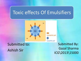 Toxic effects Of Emulsifiers
Submitted to:
Ashish Sir
Submitted By:
Gazal Sharma
ICG201315000
 