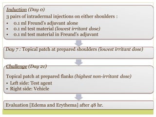 Induction (Day 0)
3 pairs of intradermal injections on either shoulders :
• 0.1 ml Freund’s adjuvant alone
• 0.1 ml test material (lowest irritant dose)
• 0.1 ml test material in Freund’s adjuvant
Day 7 : Topical patch at prepared shoulders (lowest irritant dose)
Challenge (Day 21)
Topical patch at prepared flanks (highest non-irritant dose)
• Left side: Test agent
• Right side: Vehicle
Evaluation [Edema and Erythema] after 48 hr.
 