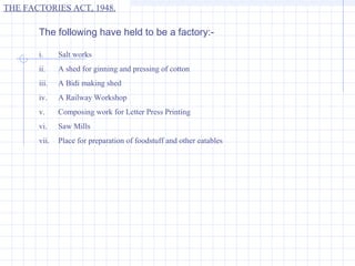 THE FACTORIES ACT, 1948.

       The following have held to be a factory:-

       i.     Salt works
       ii.    A shed for ginning and pressing of cotton
       iii.   A Bidi making shed
       iv.    A Railway Workshop
       v.     Composing work for Letter Press Printing
       vi.    Saw Mills
       vii.   Place for preparation of foodstuff and other eatables
 
