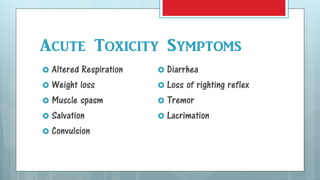 Acute Toxicity Symptoms
 Altered Respiration
 Weight loss
 Muscle spasm
 Salvation
 Convulsion
 Diarrhea
 Loss of righting reflex
 Tremor
 Lacrimation
 