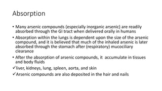 Absorption
• Many arsenic compounds (especially inorganic arsenic) are readily
absorbed through the GI tract when delivered orally in humans
• Absorption within the lungs is dependent upon the size of the arsenic
compound, and it is believed that much of the inhaled arsenic is later
absorbed through the stomach after (respiratory) mucociliary
clearance
• After the absorption of arsenic compounds, it accumulate in tissues
and body fluids
liver, kidneys, lung, spleen, aorta, and skin
Arsenic compounds are also deposited in the hair and nails
 