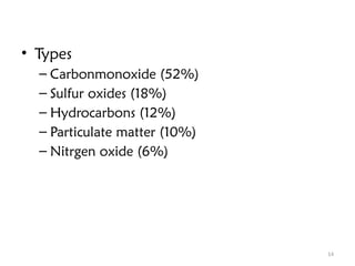 14
• Types
– Carbonmonoxide (52%)
– Sulfur oxides (18%)
– Hydrocarbons (12%)
– Particulate matter (10%)
– Nitrgen oxide (6%)
 