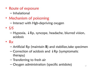 17
• Route of exposure
– Inhalational
• Mechanism of poisoning
– Interact with Hgb-depriving oxygen
• S/S
– Hypoxia, Rp, syncope, headache, blurred vision,
↓
acidosis
• Rx
– Artificial Rp (maintain B) and stabilize,take specimen
– Correction of acidosis and Rp (symptomatic
↓
therapy)
– Transferring to fresh air
– Oxygen administration (specific antidote)
 