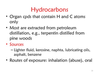 22
Hydrocarbons
• Organ cpds that contain H and C atoms
only
• Most are extracted from petroleum
distillation, e.g., terpentin distilled from
pine woods
• Sources
– Lighter fluid, kerosine, naphta, lubricating oils,
asphalt, benzene
• Routes of exposure: inhalation (abuse), oral
 