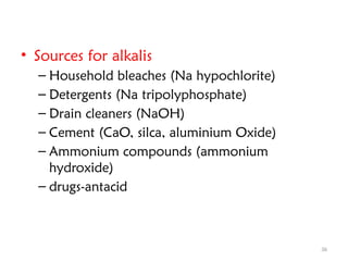 36
• Sources for alkalis
– Household bleaches (Na hypochlorite)
– Detergents (Na tripolyphosphate)
– Drain cleaners (NaOH)
– Cement (CaO, silca, aluminium Oxide)
– Ammonium compounds (ammonium
hydroxide)
– drugs-antacid
 