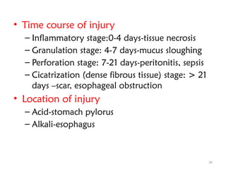 39
• Time course of injury
– Inflammatory stage:0-4 days-tissue necrosis
– Granulation stage: 4-7 days-mucus sloughing
– Perforation stage: 7-21 days-peritonitis, sepsis
– Cicatrization (dense fibrous tissue) stage: > 21
days –scar, esophageal obstruction
• Location of injury
– Acid-stomach pylorus
– Alkali-esophagus
 