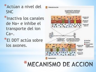 *
*Actúan a nivel del
SNC
*Inactiva los canales
de Na+ e inhibe el
transporte del ion
Ca+.
*El DDT actúa sobre
los axones.
 