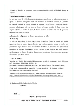 “Todo es veneno, Nada es veneno, Todo depende de la dosis“ Página 8
Cuando es ingerido, se presentan trastornos gastrointestinales, dolor abdominal, náuseas y
vómitos.
2. Plantas que contienen Cianuro:
Se sabe que cerca de 1500 plantas contienen cianuro, generalmente en la forma de azúcares o
lípidos. El glucósido cianogénico puede ser encontrado en cantidades variables en , semillas
de durazno, carozos de cereza, semillas de manzana, frijoles verdes, almendras amargas,
guisantes, albaricoques, raíz de cassava, bayas del sauco, semillas de lino, cerezos de
Virginia y brotes de bambú. El brote de bambú contiene la cantidad más alta de glucósido
cianogénico o azúcar de cianuro.
3. Con cuantos miligramos de cianuro puede morir un niño
De 40-50 mg
Al igual que los adultos, los niños pueden estar expuestos al cianuro al respirar aire, tomar
agua, tocar tierra o agua o ingerir alimentos que contienen cianuro, aunque los niveles son
generalmente bajos. Para los niños, respirar humo de tabaco es una fuente más importante de
exposición al cianuro. Exposiciones graves pueden ocurrir cuando los niños ingieren
accidentalmente los huesos de ciertas frutas, como por ejemplo albaricoques, que contienen
una sustancia que libera cianuro.
 WEBGRAFIA:
Toxicidad del cianuro. Investigación bibliográfica de sus efectos en animales y en el hombre
(s.f). Recuperado el 9 de Junio del 2014 de:
http://www.scielo.org.pe/scielo.php?script=sci_arttext&pid=S1025-55832010000100011
Cómo puede el cianuro afectar a los niños (s.f). Recuperado el 9 de Junio del 2014 de :
http://www.atsdr.cdc.gov/es/phs/es_phs8.html
Fuente natural de cianuro en plantas (s.f) Recuperado el 9 de Junio del 2014 de :
http://www.ehowenespanol.com/fuente-natural-cianuro-plantas-sobre_83237/
Revisado por: BQF. Carlos García. Mg. Sc.
Catedrático
 FIRMA
Miguel A. Quillay Davila
 
