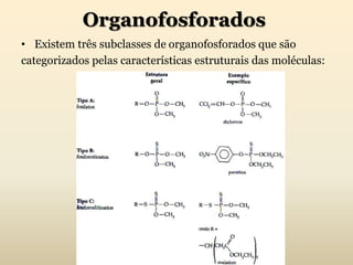 Organofosforados
• Existem três subclasses de organofosforados que são
categorizados pelas características estruturais das moléculas:
 
