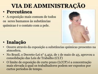 VIA DE ADMINISTRAÇÃO
• Percutânea
• A exposição mais comum de todos
os seres humanos às substâncias
químicas é o contato com a pele.
• Inalação
• Ocorre através da exposição a substâncias químicas presentes na
atmosfera.
• No Brasil, o Decreto-Lei n° 5.452, de 1 de maio de 43, aprovou a
consolidação das Leis de Trabalho (CLT)
• O limite de exposição de curto prazo (LCCP) é a concentração
mais elevada à qual os trabalhadores podem ser expostos por
curtos períodos de tempo.
 