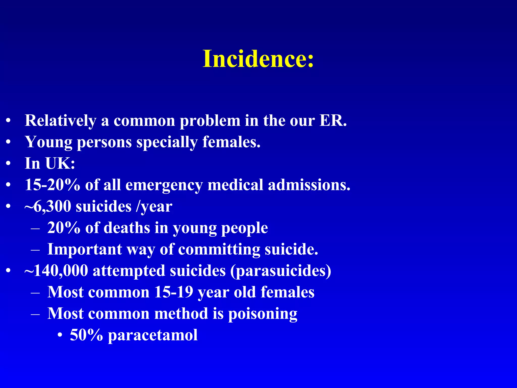 Incidence: Relatively a common problem in the our ER. Young persons specially females. In UK: 15-20% of all emergency medical admissions. ~6,300 suicides /year 20% of deaths in young people Important way of committing suicide. ~140,000 attempted suicides (parasuicides) Most common 15-19 year old females Most common method is poisoning 50% paracetamol 