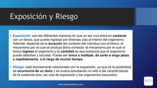 Exposición y Riesgo
 Exposición: son las diferentes maneras en que un ser vivo entra en contacto
con un tóxico, que puede ingresar por diversas vías al interior del organismo.
Además, depende de la duración del contacto del individuo con el tóxico, el
mecanismo por el cual se produjo dicho contacto, el mecanismo por el cual el
tóxico ingresa al organismo y la cantidad de esa sustancia que el organismo
puede absorber y excretar. Puede ser única o múltiple, de corto o largo plazo
o repetidamente, a lo largo de mucho tiempo.
 Riesgo: está directamente relacionado con la exposición, ya que es la posibilidad
de ocurrencia de un daño y se evalúa estudiando no sólo a las características
de la sustancia sino, las vías de exposición y los organismos expuestos.
www.clasesmedicas.com
 