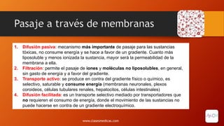 Pasaje a través de membranas
1. Difusión pasiva: mecanismo más importante de pasaje para las sustancias
tóxicas, no consume energía y se hace a favor de un gradiente. Cuanto más
liposoluble y menos ionizada la sustancia, mayor será la permeabilidad de la
membrana a ella.
2. Filtración: permite el pasaje de iones y moléculas no liposolubles, en general,
sin gasto de energía y a favor del gradiente.
3. Transporte activo: se produce en contra del gradiente físico o químico, es
selectivo, saturable y consume energía (membranas neuronales, plexos
coroideos, células tubulares renales, hepatocitos, células intestinales)
4. Difusión facilitada: es un transporte selectivo mediado por transportadores que
no requieren el consumo de energía, donde el movimiento de las sustancias no
puede hacerse en contra de un gradiente electroquímico.
www.clasesmedicas.com
 