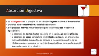 Absorción Digestiva
• La vía digestiva es la principal vía en casos de ingesta accidental o intencional
• Depende de la concentración y disolución del tóxico
• Son procesos pasivos: mayor absorción para sustancias poco ionizadas o
liposolubles
• la absorción de ácidos débiles es óptima en el estómago, por su pH ácido
• la absorción de bases será óptima en el intestino delgado; sin embargo las
micro vellosidades, la superficie de contacto el mecanismo absortivo de las
células entéricas, sumado a los movimientos peristálticos, hace que la absorción
sea mucho mayor en el intestino.
www.clasesmedicas.com
 
