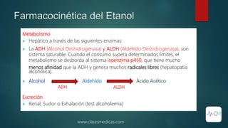 Farmacocinética del Etanol
Metabolismo
 Hepático a través de las siguientes enzimas:
 La ADH (Alcohol Deshidrogenasa) y ALDH (Aldehído Deshidrogenasa), son
sistema saturable. Cuando el consumo supera determinados límites, el
metabolismo se desborda al sistema isoenzima p450, que tiene mucho
menos afinidad que la ADH y genera muchos radicales libres (hepatopatía
alcohólica).
 Alcohol Aldehído Ácido Acético
Excreción
 Renal, Sudor o Exhalación (test alcoholemia)
www.clasesmedicas.com
ADH ALDH
 