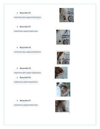 Reacción #2
POSITIVO NO CARACTERISTICO

Reacción #3
POSITIVO CARACTERISTICO

Reacción #4
POSITIVO NO CARACTERISTICO

Reacción #5
POSITIVO NO CARACTERISTICO
Reacción #6
POSITIVO CARACTERISTICO

Reacción #7
POSITIVO CARACTERISTICO

 