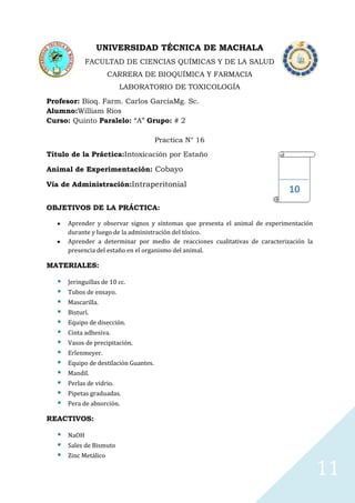 UNIVERSIDAD TÉCNICA DE MACHALA
FACULTAD DE CIENCIAS QUÍMICAS Y DE LA SALUD
CARRERA DE BIOQUÍMICA Y FARMACIA
LABORATORIO DE TOXICOLOGÍA
Profesor: Bioq. Farm. Carlos GarcíaMg. Sc.
Alumno:William Ríos
Curso: Quinto Paralelo: “A” Grupo: # 2
Practica N° 16
Título de la Práctica:Intoxicación por Estaño
Animal de Experimentación: Cobayo
Vía de Administración:Intraperitonial

10

OBJETIVOS DE LA PRÁCTICA:
Aprender y observar signos y síntomas que presenta el animal de experimentación
durante y luego de la administración del tóxico.
Aprender a determinar por medio de reacciones cualitativas de caracterización la
presencia del estaño en el organismo del animal.

MATERIALES:















Jeringuillas de 10 cc.
Tubos de ensayo.
Mascarilla.
Bisturí.
Equipo de disección.
Cinta adhesiva.
Vasos de precipitación.
Erlenmeyer.
Equipo de destilación Guantes.
Mandil.
Perlas de vidrio.
Pipetas graduadas.
Pera de absorción.

REACTIVOS:





NaOH
Sales de Bismuto
Zinc Metálico

11

 