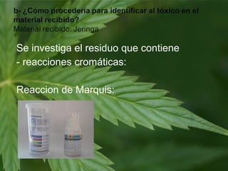 Se investiga el residuo que contiene
- reacciones cromáticas:
Reaccion de Marquis:
 