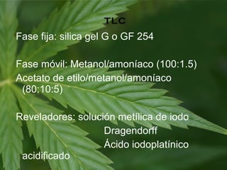 Fase fija: silica gel G o GF 254
Fase móvil: Metanol/amoníaco (100:1.5)
Acetato de etilo/metanol/amoníaco
(80:10:5)
Reveladores: solución metílica de iodo
Dragendorff
Ácido iodoplatínico
acidificado
 