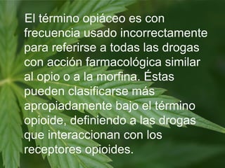 El término opiáceo es con
frecuencia usado incorrectamente
para referirse a todas las drogas
con acción farmacológica similar
al opio o a la morfina. Éstas
pueden clasificarse más
apropiadamente bajo el término
opioide, definiendo a las drogas
que interaccionan con los
receptores opioides.

 