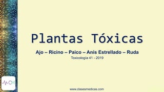 www.clasesmedicas.com
Plantas Tóxicas
Ajo – Ricino – Paico – Anís Estrellado – Ruda
Toxicología 41 - 2019
 