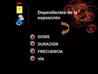 Dependientes de la
exposición



DOSIS
DURACIÓN
FRECUENCIA
VÍA
 