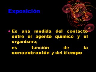 Exposición


• Es una medida del contacto
  entre el agente químico y el
  organismo;
  es      función     de     la
  concentración y del tiempo
 