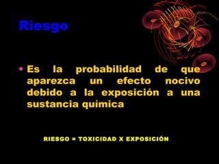 Riesgo


• Es la probabilidad de que
  aparezca un efecto nocivo
  debido a la exposición a una
  sustancia química


    RIESGO = TOXICIDAD X EXPOSICIÓN
 