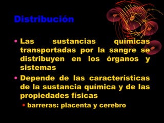 Distribución

• Las     sustancias     químicas
  transportadas por la sangre se
  distribuyen en los órganos y
  sistemas
• Depende de las características
  de la sustancia química y de las
  propiedades físicas
  • barreras: placenta y cerebro
 