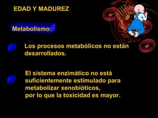 EDAD Y MADUREZ


Metabolismo:

   Los procesos metabólicos no están
   desarrollados.


   El sistema enzimático no está
   suficientemente estimulado para
   metabolizar xenobióticos,
   por lo que la toxicidad es mayor.
 