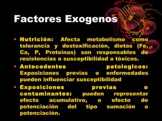 Factores Exogenos
• Nutrición: Afecta metabolismo como
  tolerancia y destoxificación, dietas (Fe,
  Ca, P, Proteinas) son responsables de
  resistencias o susceptibilidad a tóxicos.
• Antecedentes                  patologicos:
  Exposiciones previas o enfermedades
  pueden influenciar susceptibilidad
• Exposiciones            previas            o
  contaminantes:       pueden     representar
  efecto    acumulativo,     o   efecto     de
  potenciación    del   tipo    sumación     o
  potenciación.
 