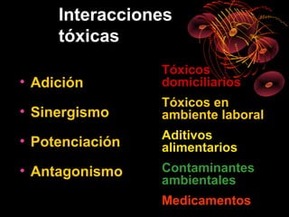 Interacciones
     tóxicas
                 Tóxicos
• Adición        domiciliarios
                 Tóxicos en
• Sinergismo     ambiente laboral
                 Aditivos
• Potenciación   alimentarios
• Antagonismo    Contaminantes
                 ambientales
                 Medicamentos
 