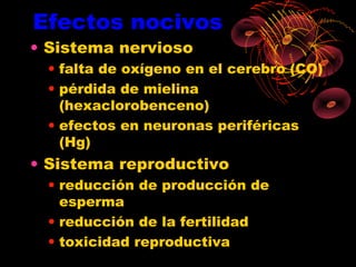 Efectos nocivos
• Sistema nervioso
 • falta de oxígeno en el cerebro (CO)
 • pérdida de mielina
   (hexaclorobenceno)
 • efectos en neuronas periféricas
   (Hg)
• Sistema reproductivo
 • reducción de producción de
   esperma
 • reducción de la fertilidad
 • toxicidad reproductiva
 