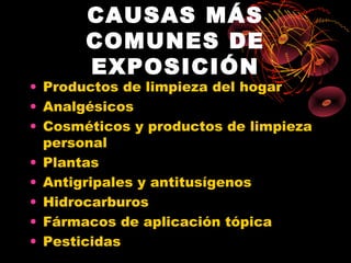 CAUSAS MÁS
       COMUNES DE
       EXPOSICIÓN
• Productos de limpieza del hogar
• Analgésicos
• Cosméticos y productos de limpieza
  personal
• Plantas
• Antigripales y antitusígenos
• Hidrocarburos
• Fármacos de aplicación tópica
• Pesticidas
 