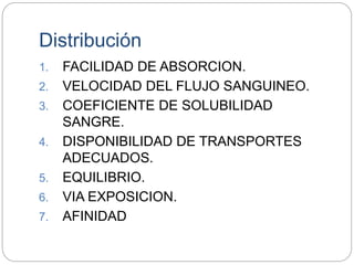 Distribución
1. FACILIDAD DE ABSORCION.
2. VELOCIDAD DEL FLUJO SANGUINEO.
3. COEFICIENTE DE SOLUBILIDAD
SANGRE.
4. DISPONIBILIDAD DE TRANSPORTES
ADECUADOS.
5. EQUILIBRIO.
6. VIA EXPOSICION.
7. AFINIDAD
 