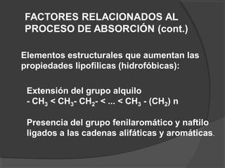 Elementos estructurales que aumentan las
propiedades lipofílicas (hidrofóbicas):
Extensión del grupo alquilo
- CH3 < CH3- CH2- < ... < CH3 - (CH2) n
Presencia del grupo fenilaromático y naftilo
ligados a las cadenas alifáticas y aromáticas.
FACTORES RELACIONADOS AL
PROCESO DE ABSORCIÓN (cont.)
 