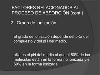 2. Grado de ionización
El grado de ionización depende del pKa del
compuesto y del pH del medio.
FACTORES RELACIONADOS AL
PROCESO DE ABSORCIÓN (cont.)
pKa es el pH del medio al que el 50% de las
moléculas están en la forma no ionizada y el
50% en la forma ionizada.
 