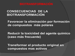 BIOTRANSFORMACIÓN
CONSECUENCIAS DE LA
BIOTRANSFORMACIÓN
Favorecer la eliminación por formación
de compuestos más polares
Reducir la toxicidad del agente químico
(caso más frecuente)
Transformar el producto original en
compuestos mas activos
 