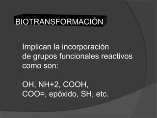 BIOTRANSFORMACIÓN
Implican la incorporación
de grupos funcionales reactivos
como son:
OH, NH+2, COOH,
COO=, epóxido, SH, etc.
 