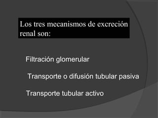 Los tres mecanismos de excreción
renal son:
Filtración glomerular
Transporte o difusión tubular pasiva
Transporte tubular activo
 
