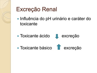 Excreção Renal


Influência do pH urinário e caráter do
toxicante



Toxicante ácido



Toxicante básico

excreção
excreção

 