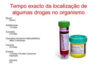 Tempo exacto da localização de
     algumas drogas no organismo
Álcool
    6-24 h

Anfetaminas
   1-4 dias

Cannabis
   2-5 dias

Cannabis (consumo habitual/diário)
   Mais 2 semanas

Cocaína
   4-5 dias

Ecstasy
   1-3 dias; 3-5 dias (consumo
   habitual)

   Heroína
   8h
 