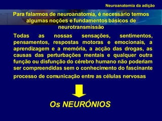 Para falarmos de neuroanatomia, é necessário termos algumas noções e fundamentos básicos de neurotransmissão Todas as nossas sensações, sentimentos, pensamentos, respostas motoras e emocionais, a aprendizagem e a memória, a acção das drogas, as causas das perturbações mentais e qualquer outra função ou disfunção do cérebro humano não poderiam ser compreendidas sem o conhecimento do fascinante processo de comunicação entre as células nervosas   Os NEURÓNIOS Neuroanatomia da adição 