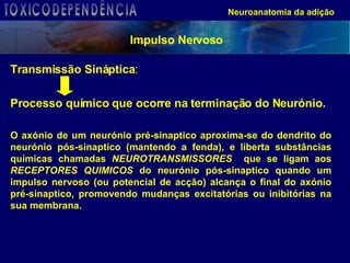 Transmissão Sináptica :  Processo químico que ocorre na terminação do Neurónio.  O axónio de um neurónio pré-sinaptico aproxima-se do dendrito do neurónio pós-sinaptico (mantendo a fenda), e liberta substâncias químicas chamadas  NEUROTRANSMISSORES  que se ligam aos  RECEPTORES QUIMICOS  do neurónio pós-sinaptico quando um impulso nervoso (ou potencial de acção) alcança o final do axónio pré-sinaptico, promovendo mudanças excitatórias ou inibitórias na sua membrana. Neuroanatomia da adição Impulso Nervoso TOXICODEPENDÊNCIA 
