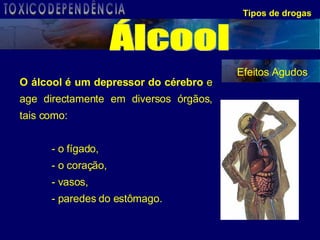 Tipos de drogas O álcool é um depressor do cérebro  e age directamente em diversos órgãos, tais como: - o fígado, - o coração,  - vasos, - paredes do estômago.  Efeitos Agudos Álcool TOXICODEPENDÊNCIA 
