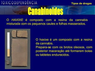 Tipos de drogas O  HAXIXE  é composto com a resina da cannabis misturada com os pequenos caules e folhas masserados.  O haxixe é um composto com a resina da cannabis.  Prepara-se com os brotos oleosos, com posterior maceração até formarem bolas ou tabletes endurecidos. Canabinoides TOXICODEPENDÊNCIA 